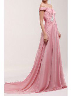 Chiffon Off-the-Shoulder Chapel Train A-line Prom Dress with Sequins