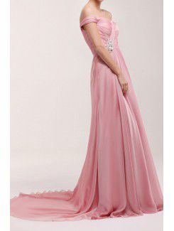 Chiffon Off-the-Shoulder Chapel Train A-line Prom Dress with Sequins