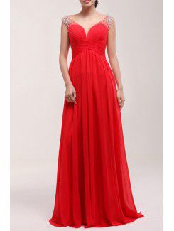 Chiffon v-hals sweep tog a-line prom kjole med pailletter