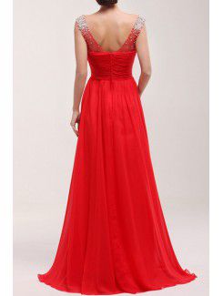 Chiffon V-neck Sweep Train A-line Prom Dress with Sequins