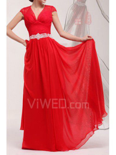 Chiffon V-neck Sweep Train A-line Prom Dress with Pearls