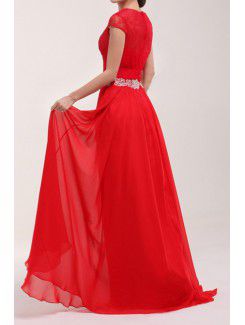 Chiffon V-neck Sweep Train A-line Prom Dress with Pearls