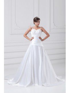 Satin Spaghetti Sweep Train A-line Embroidered Wedding Dress