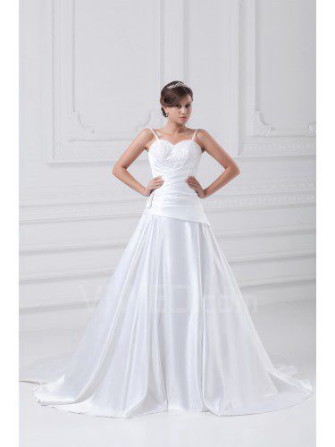 Satin Spaghetti Sweep Train A-line Embroidered Wedding Dress