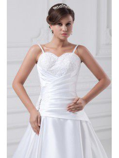 Satin Spaghetti Sweep Train A-line Embroidered Wedding Dress