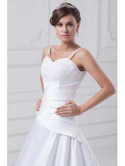 Satin Spaghetti Sweep Train A-line Embroidered Wedding Dress