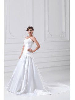 Satin Spaghetti Sweep Train A-line Embroidered Wedding Dress