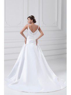 Satin Spaghetti Sweep Train A-line Embroidered Wedding Dress