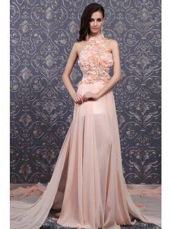 Chiffon halter kathedraal trein korset prom jurk met handgemaakte bloemen