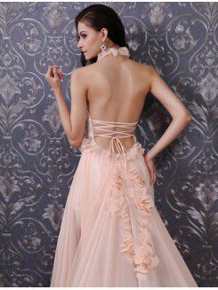 Chiffon Halter Cathedral Train Corset Prom Dress with Handmade Flowers