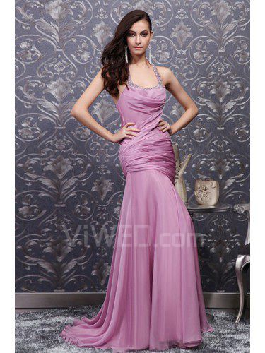 Chiffon halter vegen trein zeemeermin prom jurk met kralen