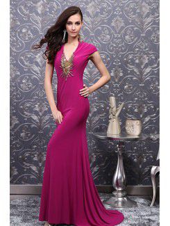 Charmeuse V-neck Sweep Train Sheath Prom Dress with Beading