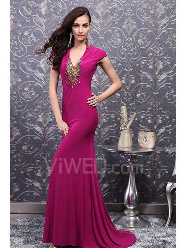 Charmeuse V-neck Sweep Train Sheath Prom Dress with Beading