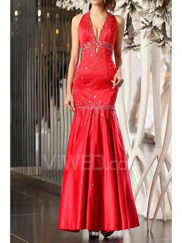 Satin Halter Floor Length Mermaid Prom Dress with Sequins