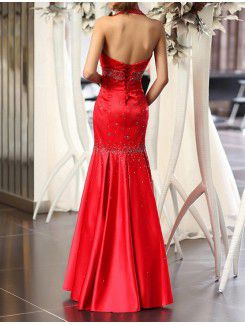 Satin Halter Floor Length Mermaid Prom Dress with Sequins