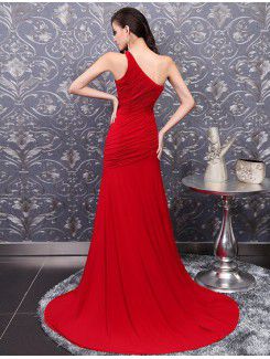 Charmeuse One Shoulder Sweep Train A-line Prom Dress with Beading