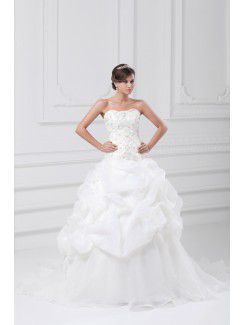 Organza strapless sweep train a-lijn geborduurde trouwjurk