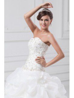 Organza Strapless Sweep Train A-line Embroidered Wedding Dress