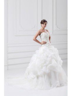 Organza Strapless Sweep Train A-line Embroidered Wedding Dress