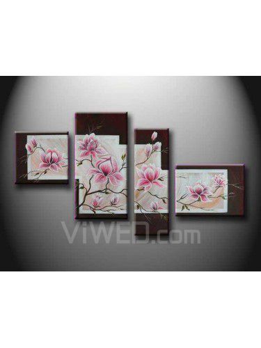 Pintados à mão pintura a óleo da flor com quadro esticado-conjunto de 4