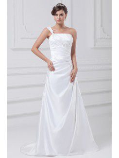 Satin One-Shoulder Sweep Train A-line Embroidered Wedding Dress