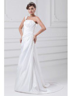 Satin One-Shoulder Sweep Train A-line Embroidered Wedding Dress