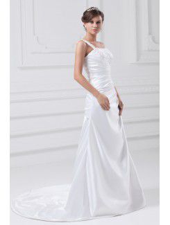 Satin One-Shoulder Sweep Train A-line Embroidered Wedding Dress