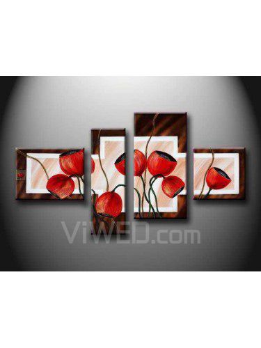 Hand-painted Flower Oil Painting with Stretched Frame-Set of 4