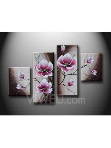 Pintados à mão pintura a óleo da flor com quadro esticado-conjunto de 4