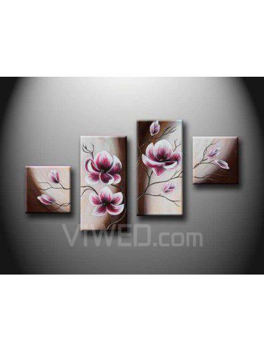 Pintados à mão pintura a óleo da flor com quadro esticado-conjunto de 4