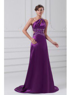 Satin asymmetrische sweep zug a-linie brautkleid bestickt