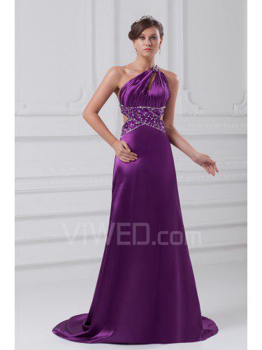 Satin asymmetrische sweep zug a-linie brautkleid bestickt