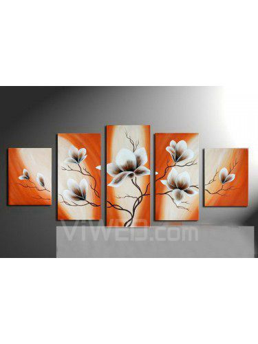 Pintados à mão pintura a óleo da flor com quadro esticado-conjunto de 5