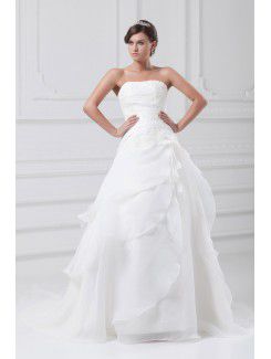 Organza Strapless Sweep Train A-line Embroidered Wedding Dress