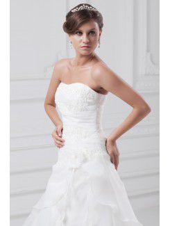 Organza Strapless Sweep Train A-line Embroidered Wedding Dress