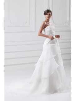 Organza Strapless Sweep Train A-line Embroidered Wedding Dress