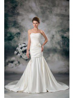 Satin trägerlosen kapelle zug mantel bestickte brautkleid