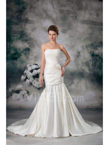 Satin Strapless Chapel Train Sheath Embroidered Wedding Dress