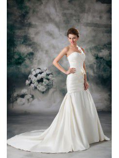 Satin Strapless Chapel Train Sheath Embroidered Wedding Dress