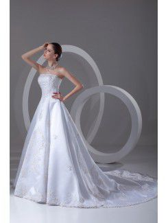 Satin Strapless Chapel Train A-line Embroidered Wedding Dress