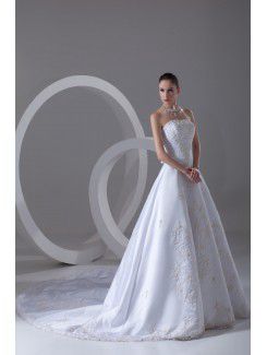 Satin Strapless Chapel Train A-line Embroidered Wedding Dress