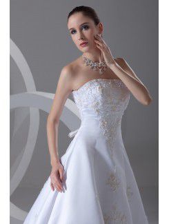 Satin Strapless Chapel Train A-line Embroidered Wedding Dress