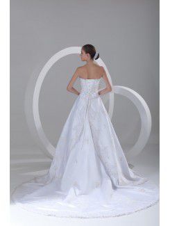 Satin Strapless Chapel Train A-line Embroidered Wedding Dress