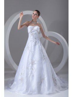 Organza Scoop Chapel Train A-line Embroidered Wedding Dress