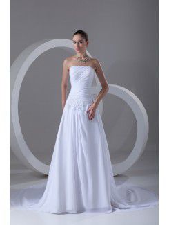 Chiffon Strapless Chapel Train A-line Embroidered Wedding Dress