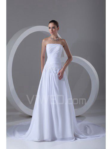 Chiffon senza spalline treno cappella a-line abito da sposa ricamato