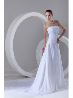 Chiffon Strapless Chapel Train A-line Embroidered Wedding Dress