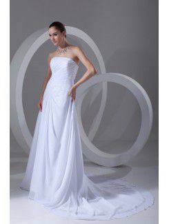 Chiffon Strapless Chapel Train A-line Embroidered Wedding Dress