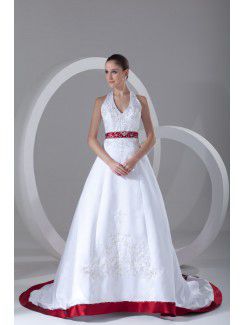 Satin Halter Sweep Train A-line Embroidered Wedding Dress