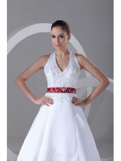 Satin Halter Sweep Train A-line Embroidered Wedding Dress